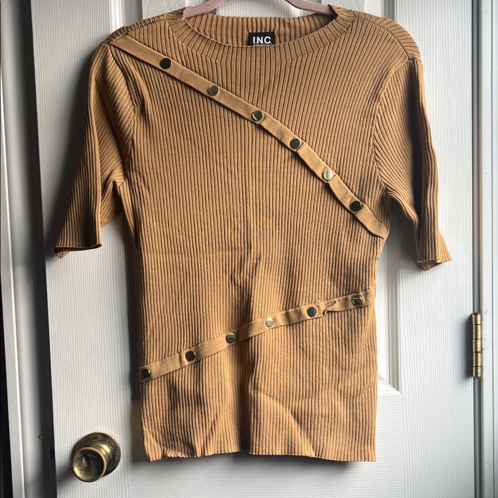 INC International Concepts Tan Ribbed Blouse with Button Accents